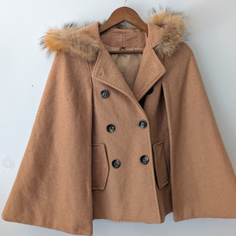 Vintage Wool Cape With Fur Trim Hood
